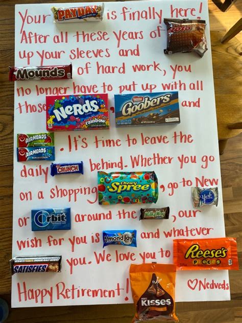 Create a fun and unique retirement gift with this candy bar poster. Perfect for retirement parties and as a retirement gift basket addition. ... Can be used for many different occasions. I used candy bars, chips, and gift cards …. 