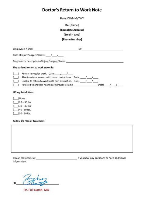 Return To Work Doctors Note Template Doctors Note Doctors Note Template Return To Work