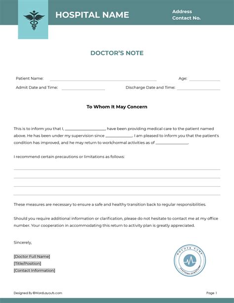Return to Work Doctor’s Note Template WordLayouts