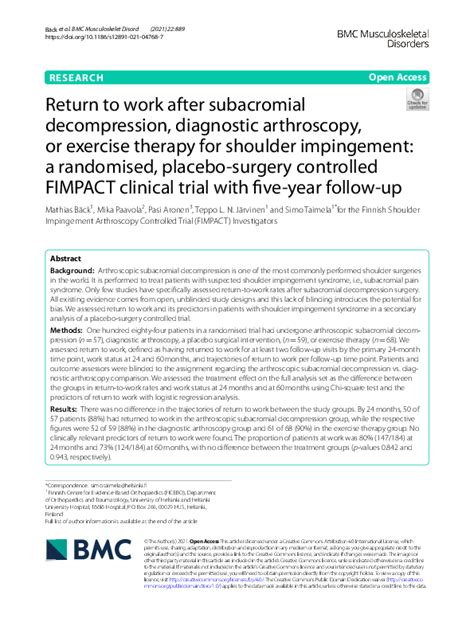 Return to work after subacromial decompression, diagnostic …