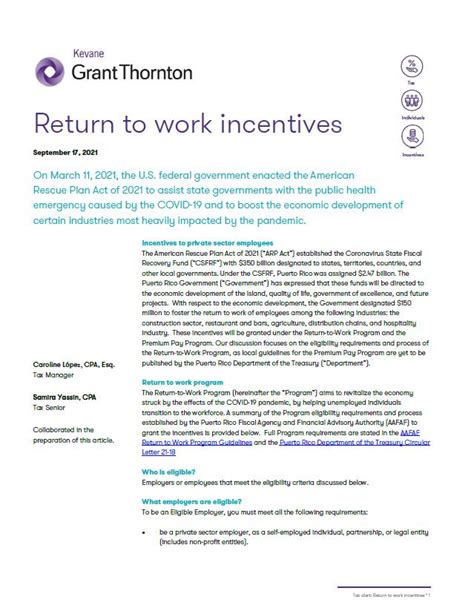 Return to work incentives Kevane Grant Thornton