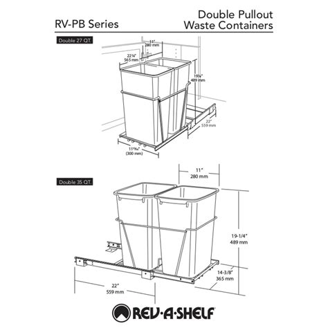 27 Quart Silver Replacement Waste Container Rev-A-Shelf RV-1024-17-52. White replacement bins for for RV-15, 4WCTM-15 Series. Actual Product dimensions: 11"W x 10-7/8"D x 17-3/4"H. Bottom of bin measures 8-1/2"W x 8-1/2"D. 27 Quarts (6.75 Gallons) bin capacity. Availability: 2 EA in stock (more on the way) Look for the green in stock icon for .... Rev a shelf rv 35 bag size