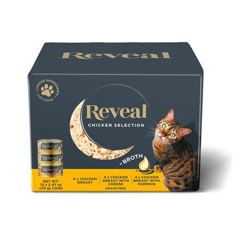 Reveal cat food. Reveal is great for fussy eaters or cats with sensitive stomachs. Our Kitten Variety Pack in Broth recipes are grain-free and made with real protein so they are delicious and easy to digest. It is is a great way to introduce your kitten to new tastes and textures. We use only the highest quality ingredients and have the highest ethical standards. 