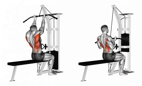 Reverse grip lat pulldown. Nudge your thighs under the thigh pads and plant your feet flat on the floor. Pull the bar toward your chest. Once the bar is underneath your chin (or touches your chest, if you want to make the exercise harder), reverse the movement to return to the starting position. 3. Straight-Arm Lat Pulldown. 