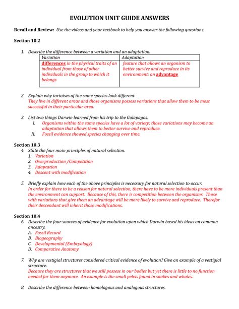 Review Sheet Evolution Unit Answers