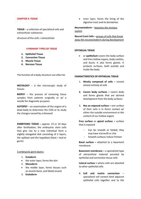 Reviewer Chapter 4 Tissue Lecture CHAPTER 4 TISSUE TISSUE a
