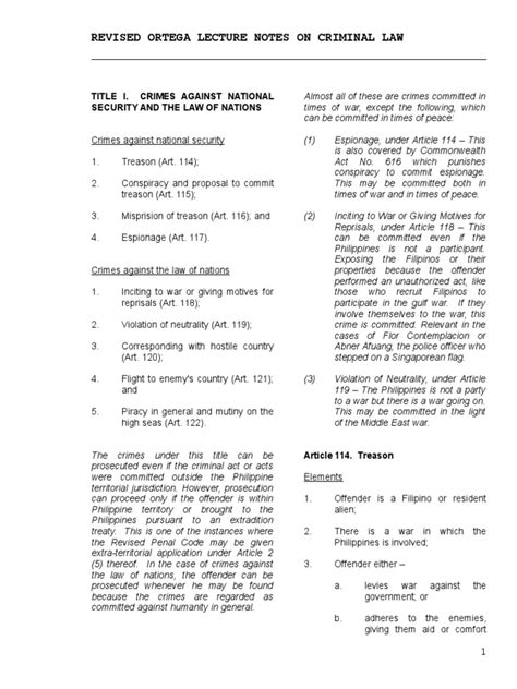 Revised Ortega Lecture Notes On Criminal Law