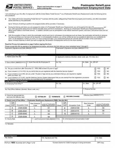 Revised PS Form 1653, Postmaster Relief/Leave Replacement Employment Data