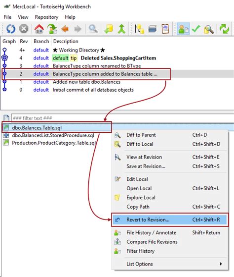 Revision history of an object change in a SQL database using Mercurial