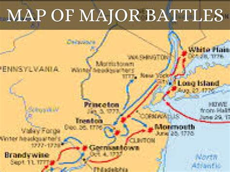 Revolutionary war battles map. In the summer of 1777, British General Sir William Howe sailed south from New York City to capture the rebel capital of Philadelphia. General George Washington prepared to meet Howe and defend the city. The two armies clashed at Brandywine Creek on September 11 and the battle resulted in a British victory. Howe then entered and occupied the city. 