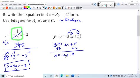 Rewriting a Linear Equation in the Form Ax + By = C Standard Form YouTube