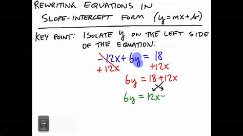 Rewriting equations in slope intercept form. The standard form of a linear equation is Ax+By=C. To change an equation written in slope-intercept form (y=mx+b) to standard form, you must get the x and y ... 