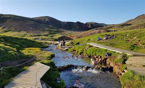 Reykjadalur hot springs. Reykjadalur Hot Springs. Rise and shine early to get a prime spot in one of the most popular hot springs near Reykjavik, the Reykjadalur Hot Springs. Just 45 minutes outside of downtown Reykjavik is a beautiful hike through a geothermally active, steam-filled valley. After 45 minutes of moderately difficult hiking, you’ll come across a ... 