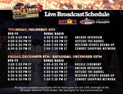 Rfd-tv channel schedule. The Governor's Cup. Performance 1. Season #2023, Ep. 1. LIVE coverage of the first annual "Cinch Playoffs: The Governor's Cup" in Sioux Falls, South Dakota. The Governor's Cup boasts a purse of over $1 Million making it the richest rodeo in South Dakota history. As the 2023 rodeo season nears it's final days, the world-standing bubble watch is ... 