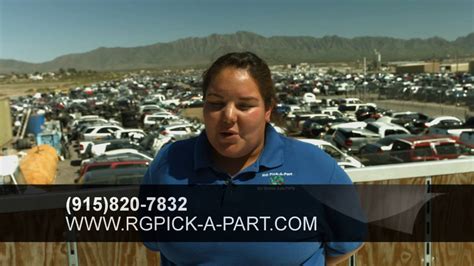 Welcome to RG Pick A Part, home of El Paso's largest selection and lowest prices on used auto parts! We have salvage vehicles in stock, and add hundreds of fresh parts-vehicles each week to supply all of your used auto parts needs. ... Find Any Part You Need. Sell Your Car. See Your Car for Cash. Pricing. Our Parts Price List. New Inventory ...