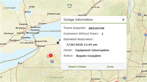 Rge outage. The outage was expected to start at 2:30 p.m. and is expected to last four to five hours, RG&E said in a statement. The work will repair underground cable damage that caused the circuit to trip. 