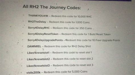 Dec 13, 2023 ... Free RHC + Reset ROBLOX RH2 CODES - RH2 THE JOURNEY CODES DECEMBER 2023 Welcome At Happy Gaming Finally new and updated RH2 Codes are .... 