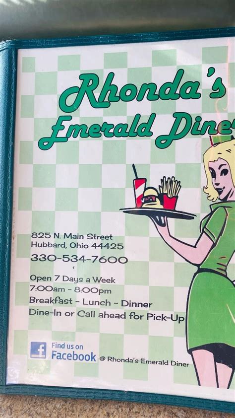 Sep 12, 2023 · Rhonda’s Emerald Diner, Hubbard, Ohio. 3,105 likes · 33 talking about this · 1,506 were here. Traditional diner food offered in a spacious old school train car. Stop in for a bite..