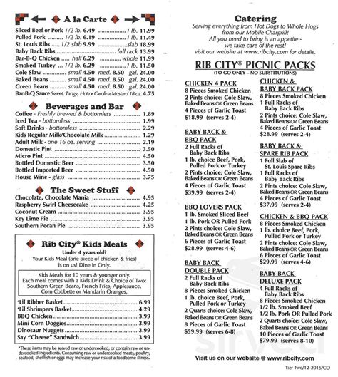 Menu and Pricing for Rib City Arvada and Littleton (