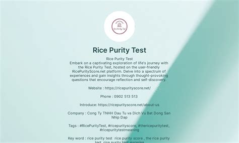 Ric epurity test. OFFICIAL RICE PURITY TEST. We offer an engaging platform where you can test your innocence based on a range of questions. Whether you’re just looking to kill some time or want to have an insightful reflection upon your experiences, embark on this playful journey with us and see where you stand on the purity scale. Take the test. Need help? EMAIL us 