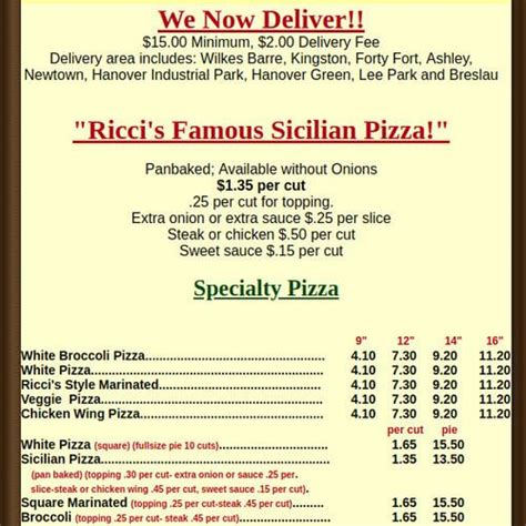 Ricci's pizza wilkes barre pa. Ricci's Pizzeria in Wilkes-Barre, PA, is a well-established American restaurant that boasts an average rating of 4.2 stars. Learn more about other diner's experiences at Ricci's Pizzeria. Don’t risk not having a table. Call ahead and reserve your table by calling (570) 825-3652. Interested? 