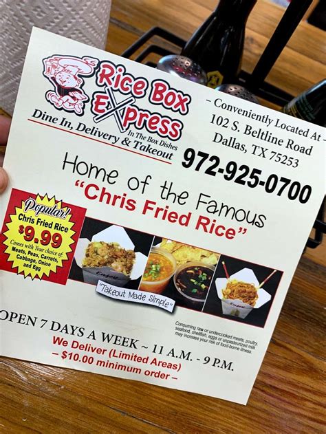 Rice box express. Order Fried Rice online from Rice Box Express. Rice, egg, onion, scallion, bean sprouts, soy sauce, and choice of protein. *Packaged in a takeout box: (S) 16oz, (M) 26oz, (L) 32oz.* Pickup ASAP from 1780 N Honore Ave. 0. Your order ‌ ‌ ‌ ‌ ... 