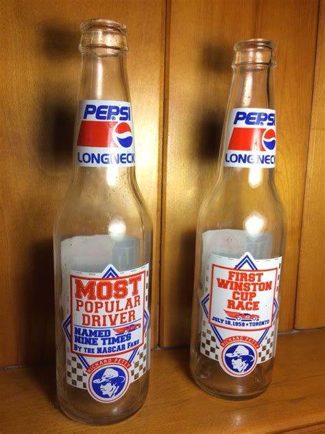 Richard petty pepsi bottle. Source eBay. Richard Petty first edition commemorative set. 4 longneck pepsi bottles in box with pepsi still in all bottles. From left to right, this first one reads Richard Petty A Carolina legend - 33 years of stock car racing w/autograph. Second bottle reads, 200th career win Pepsi 400 Daytona International Speedway July 4th, 1984 w/autograph. 
