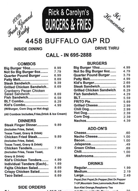 Rick and carolyn's burgers and fries menu. Rick & Carolyn's Burgers & Fries located at 302 S Pioneer Dr, Abilene, TX 79605 - reviews, ratings, hours, phone number, directions, and more. 