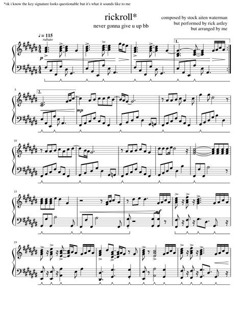 Rick roll piano notes. Product Description. With this sheet music, you can play "Never Gonna Give You Up" by Rick Astley on piano! It's an accurate, carefully created piano arrangement of the full song. The vocal melody is included in the piano part, so it makes for a perfect piano solo cover. Of course, you can also use this piano arrangement to accompany a singer ... 