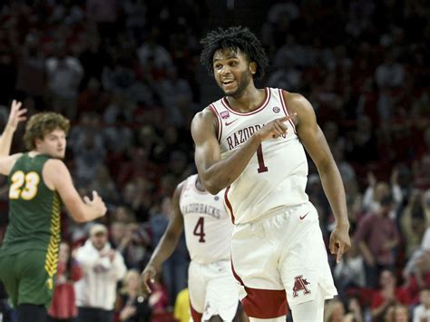 Arkansas’s Ricky Council IV reacts to his three pointer during the first half of a first-round college basketball game in the NCAA Tournament Thursday, March 16, 2023, in Des Moines, Iowa.. 