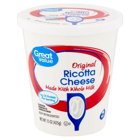 Ricotta walmart. Ricotta Cheese 32 oz (2 lbs) 907 g Traditional Italian style. Whole milk. Fresh. All natural. No preservatives. It's Supreme for - Main Dishes; Hors d'oeuvres; Desserts' Fruit Salads. It's Supreme for - Lasagna; Cheesecake; Knishes; Blintzes. Premium quality. Keep refrigerated 35-40 degrees F. 