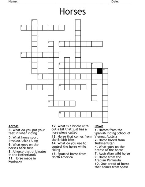 Riding horses crossword clue 5 letters. There are a total of 1 crossword puzzles on our site and 37,811 clues. The shortest answer in our database is MOM which contains 3 Characters. May honoree is the crossword clue of the shortest answer. The longest answer in our database is which contains Characters. is the crossword clue of the longest answer. 