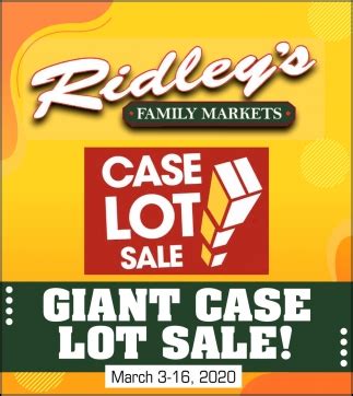 Ridleys case lot sale 2023. Prices in Effect 7 Days. Tuesday, April 23rd through Monday, April 29th, 2024. at Ridley's Family Market in Middleton, ID. 