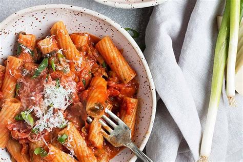 Rigatoni with Green Onion and Pancetta Tomato Sauce