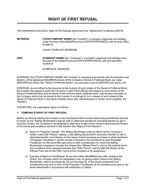 Right of First Refusal Agreement Word and PDF