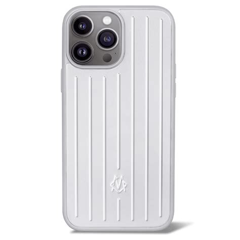 Rimowa iphone case. The RIMOWA Aluminium iPhone 15 Pro Max Case in Silver combines premium protection with our iconic groove design. Size iPhone 15 Pro Max 6.42 x 3.23 x 0.31 inch. Colour Silver. Add to Wishlist. Size and Weight. 