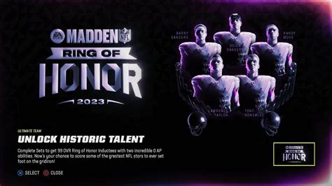 Ring of honor madden 23. Plenty to earn. Image via EA Sports. Madden 24 complete the Ring of Honor Field Pass. Madden 24, equip the item to a Ring of Honor Champion to boost their Crew player items and unlock unique X ... 
