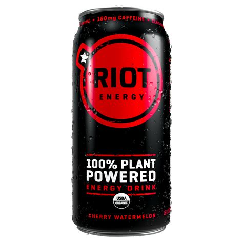 Riot energy. 100% Plant Powered Energy Drink. Real ingredients packing a real punch Zero chemicals Zero added sugar. 160mg caffeine, 100mg L-theanine 