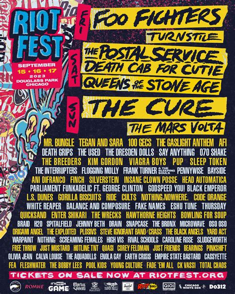 Riot fest. Sep 12, 2023 · Presenting more than 90 artists on five stages, Riot Fest arrives in Douglass Park Sept. 15-17 for its annual celebration of rock, punk, goth, hip-hop and offshoot styles. 