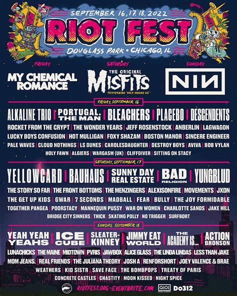 Riot fest 2022. Punk Rock (& more) Music Fest | I'm sorry we didn't book the exact bands you wanted, in the exact order you wanted, in the exact location you wanted, for free. Chicago. Sept. 15-17, 2023. Day 1 of Riot Fest 2022 is over, but we’re going to remember it forever. Check out photos from Friday’s performances, and have a great Day 2 of Riot … 