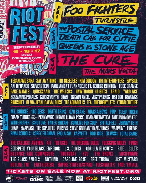 Riot fest 2024. Riot Fest is a punk, alt rock, and emo festival in Chicago's Douglas Park. Find out the dates, lineup, venue, tickets, and nearby concerts for Riot Fest Chicago 2024. 