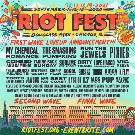 Riot fest chicago. 1401 S. Sacramento Drive. Chicago, IL 60623. Start with our FAQ before you reach out, or risk being shamed mercilessly by the Riot Fest staff. Riot Fest P.O. Box 220350 Chicago, IL 60622 store@RiotfFest. 