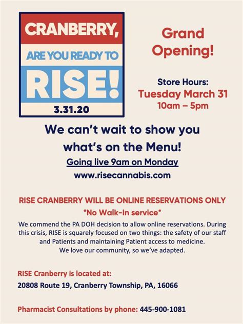 Rise cranberry menu. LET'S RISE. We're a proud member of the Green Thumb Industries family and home to many of America's favorite high quality cannabis brands - RYTHM, Dogwalkers, Beboe, incredibles, Good Green, &Shine and Doctor Solomon's. No matter your preference, we have something for you. As we continue to grow our local dispensaries, our focus is always ... 