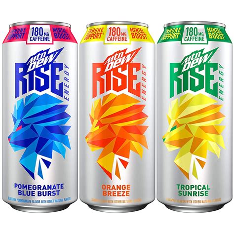 Rise energy drink. Flavor Orange BreezeIngredients See nutrition panelPackage Type CanVolume 192 Fluid OuncesAbout this itemIncludes 12 (16oz) cans of MTN DEW RISE ENERGY, Orange Breeze flavor180mg caffeine: caffeine equal to approximately 2 cups of coffeeConquer the morning5% juice, 0g added sugarZinc to help support immune … 
