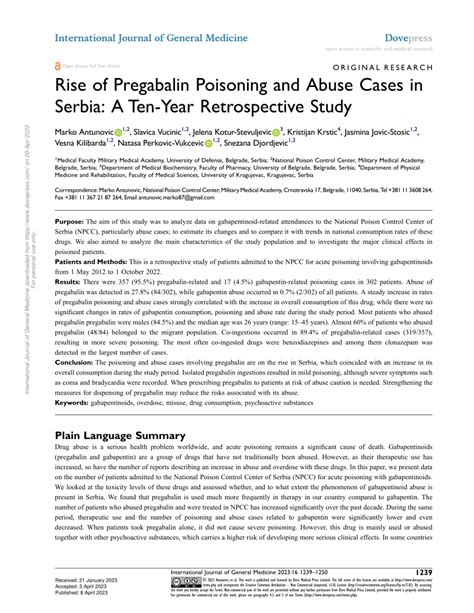 Rise of Pregabalin Poisoning and Abuse Cases in Serbia: A Ten …