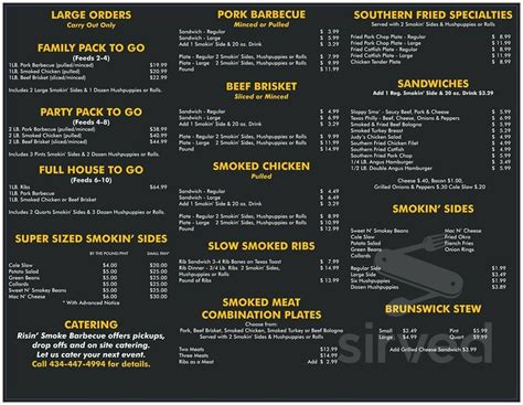 Risin smoke barbecue menu. Two Meat Combo or Three Meat Combo. Choice of Meats: St. Louis Ribs (6 bones), Baby Back Ribs (6 bones), Beef Ribs (2 bones), Brisket Burnt Ends, Texas-Style Brisket, BBQ Chicken (1/2), Alabama Chicken (1/2), Pulled Pork, Pulled Chicken, Tri Tip, Rib Tips, Sausage (2): Texas Red Hot or Jalapeño Cheddar. Photo. 