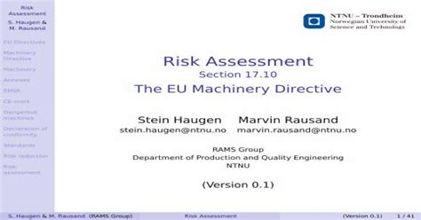 Risk Assessment Section 17.10 The EU Machinery Directive