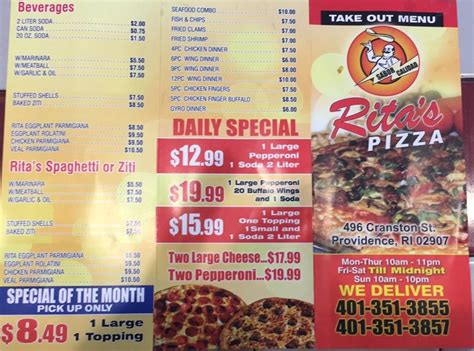 Ritas pizza. Rita’s Pizza has been a local favorite for over 20 years. It has great pizza and subs that the whole family can enjoy. Dine-in, take-out, and delivery available. 