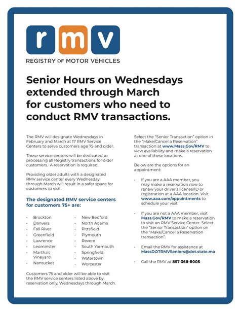 The link expires within 24 hours so check your email often. The RMV provides appointments at (most) Service Center Locations during any available time Monday through Friday between 9:00 a.m. and 5:00 p.m. dedicated to customers over the age of 65 and people with disabilities. ... • Apply for a replacement Massachusetts-assigned Vehicle .... 