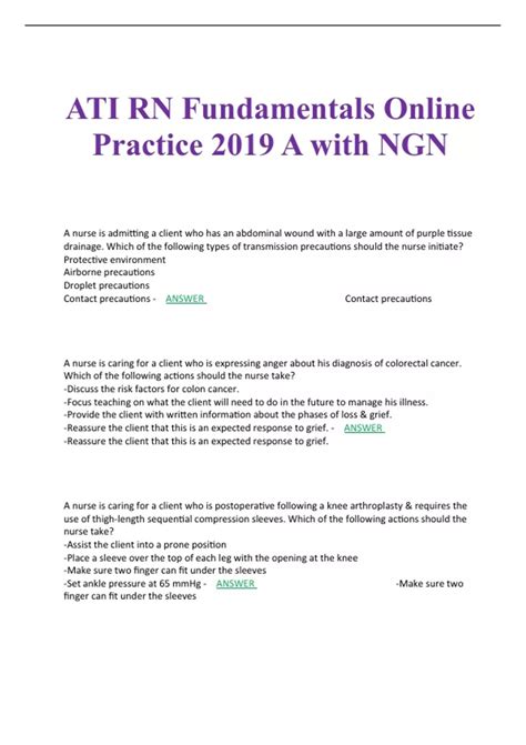 RN Fundamentals Online Practice 2019 B. This 60-item test contains rationales and offers an assessment of the student's basic comprehension and mastery of the fundamental principles for nursing practice. Concepts assessed include: Foundations of practice (health care delivery, thinking strategies for nursing practice, communication ...